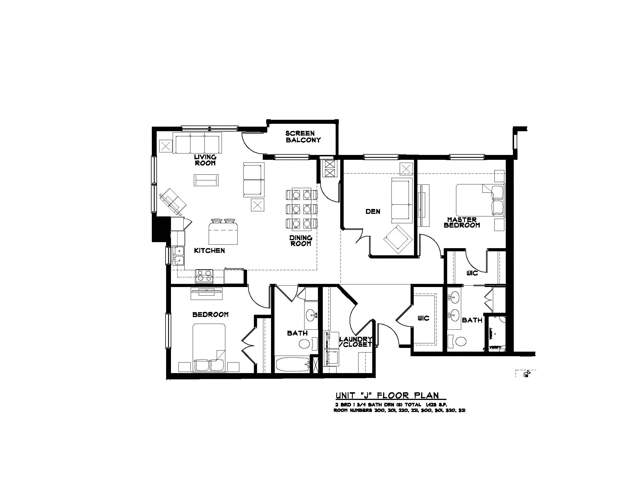 Floor plan for 2 beds, 2 baths, 1423 sqft